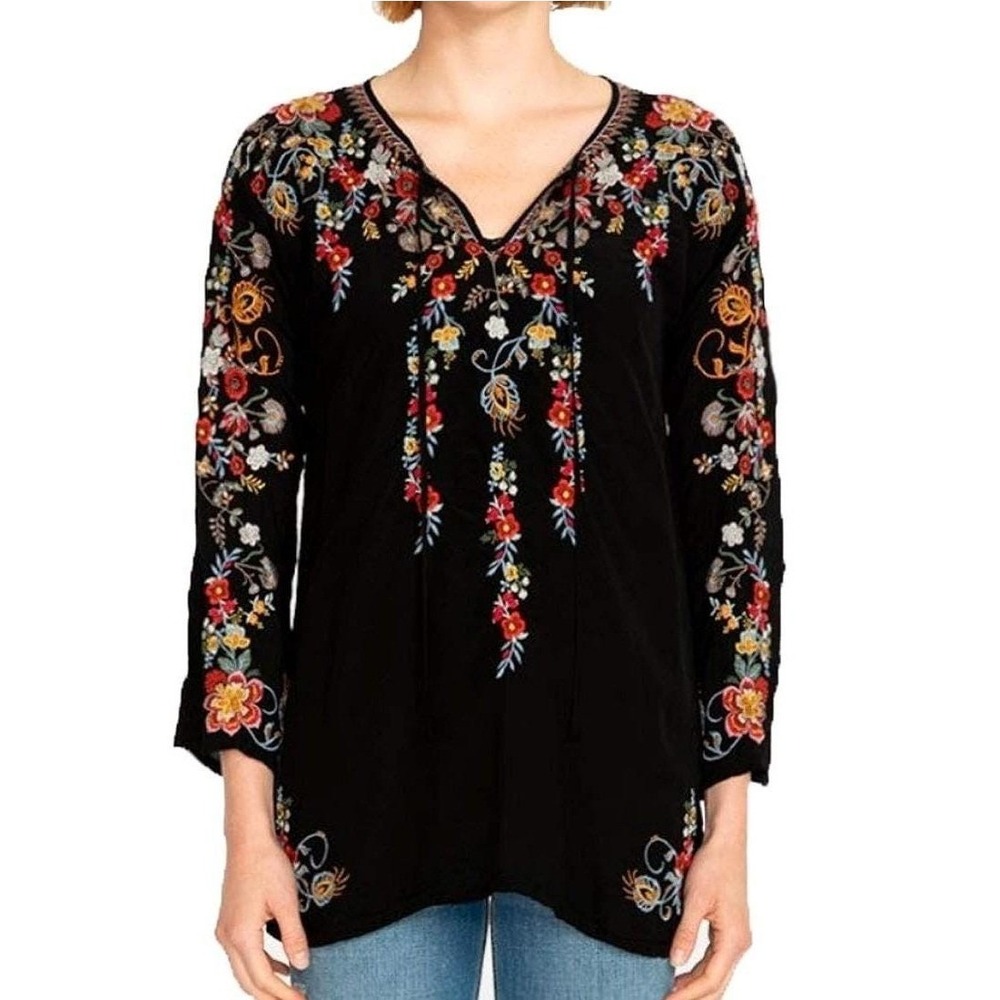 Johnny Was Autumn Bloom Floral Tunic Women S Black Boho Flowy Airy Cupro Rayon